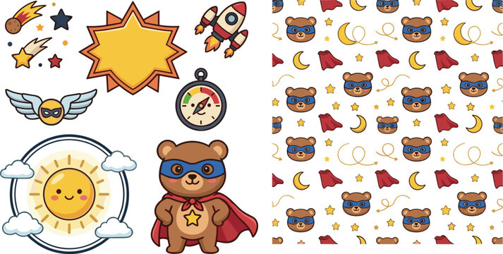Cute Superhero Bear Cartoon Collection with Seamless Pattern Rockets Stars Compass and Adventure Elements Vector Illustration
