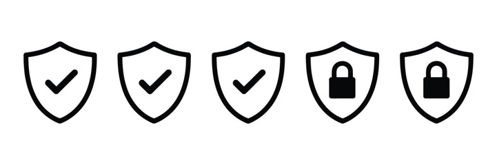Shield security icon set, five shield symbols with check marks and closed padlocks, protection and safety icons, cybersecurity verification vector design elements. © Ayat0002
