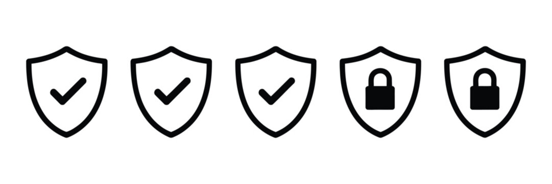 Shield security icon set, five shield symbols with check marks and closed padlocks, protection and safety icons, cybersecurity verification vector design elements.