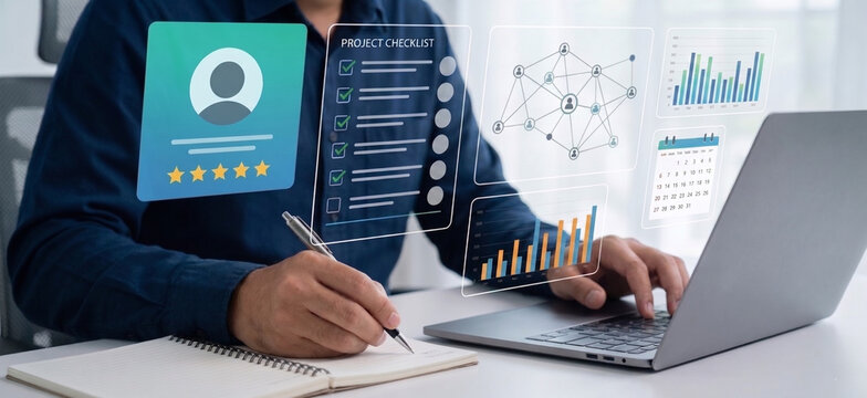 digital customer profiling platform featuring ai analytics and star ratings with performance charts and activity checklists for monitoring user engagement and improving business intelligence data insi