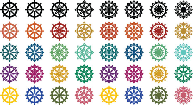 Dharmachakra Wheels Set with Various Color Palettes and Stylized Spokes, Symbolizing the Buddhist Eightfold Path