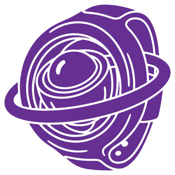 A stylized purple abstract planetary object with swirling lines and a ring orbiting it isolated on a white background representing a concept or cosmic entity