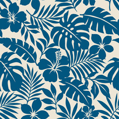 Seamless tropical floral pattern with hibiscus flowers, monstera and palm leaves, botanical jungle repeat design for fabric, wallpaper and textile. © opart