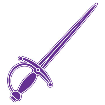 A stylized purple outline illustration of a rapier sword viewed from the side highlighting its elegant curved hilt and sharp pointed blade isolated on a clean white background with ample copy space