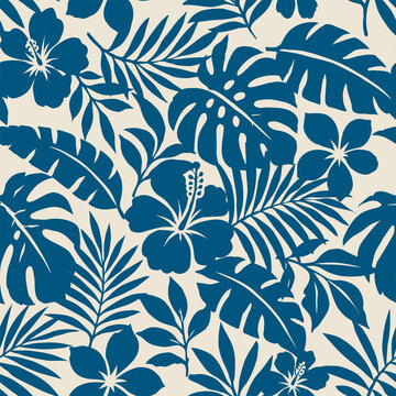 Seamless tropical floral pattern with hibiscus flowers, monstera and palm leaves, botanical jungle repeat design for fabric, wallpaper and textile.