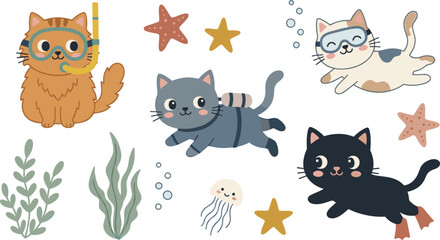 Cute Underwater Cat Cartoon Collection Featuring Scuba Diving Swimming and Marine Adventure Kittens with Seaweed Starfish and Jellyfish © MdNazmul
