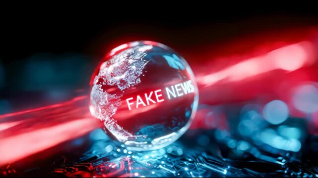Glowing fake news headline with red and blue digital light effects, illustrating misinformation, media manipulation and online disinformation