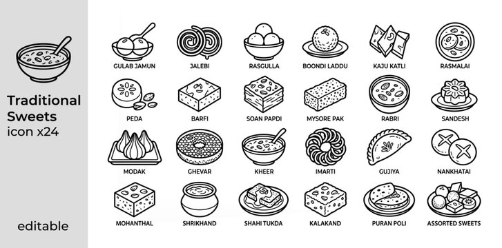 Indian Traditional Sweets Line Icons Set Dessert Mithai Collection Outline Vector Illustration