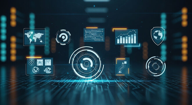 Futuristic digital interface with data visualization, global network, and cyber security elements on a dark circuit board background