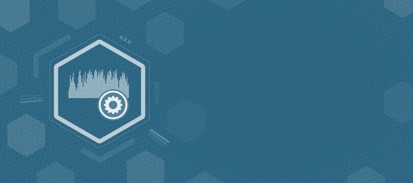Abstract digital illustration featuring a data analysis graph and settings icon on a blue honeycomb background, providing ample copy space for technological design projects.