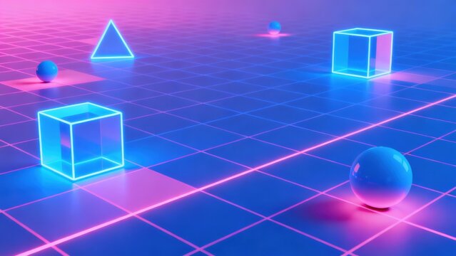 Neon geometric shapes on grid floor