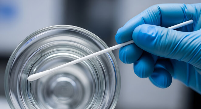 Forensic evidence collection using cotton swab | Medical professional taking DNA sample in lab | Blue nitrile gloved hand with sterile swab and beaker | Scientific research and genetic testing