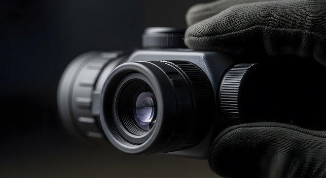 Tactical night vision device adjustment | Close up of gloved hand holding optics | Professional military surveillance equipment | Infrared thermal imaging technology
