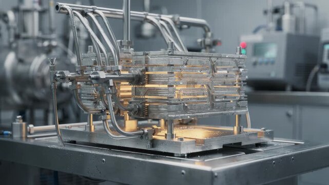 Dynamic medium shot featuring metal plate microreactor with high thermal conductivity optimizing continuous surfactant production in a compact industrial setup