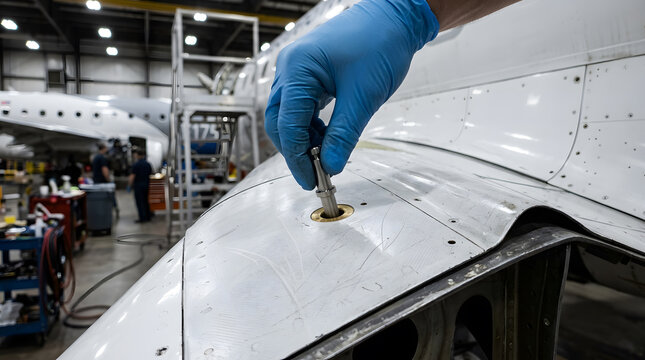 Aircraft maintenance engineer installing alignment pin | Precision aerospace manufacturing in hangar | Blue gloved hand performing aircraft repair | Aviation technician working on fuselage