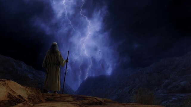 Moses stands on Mount Sinai during a storm and receives divine commandments from God amidst thunder and lightning


