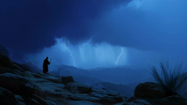 Moses receives commandments during storm on Mount Sinai with thunder and lightning in the background
