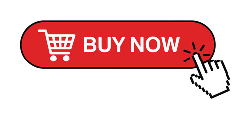 Obraz premium Buy Now Red Button with Click Hand Cursor icon vector illustration for Ecommerce, online Shopping and Call-to-Action Website design.