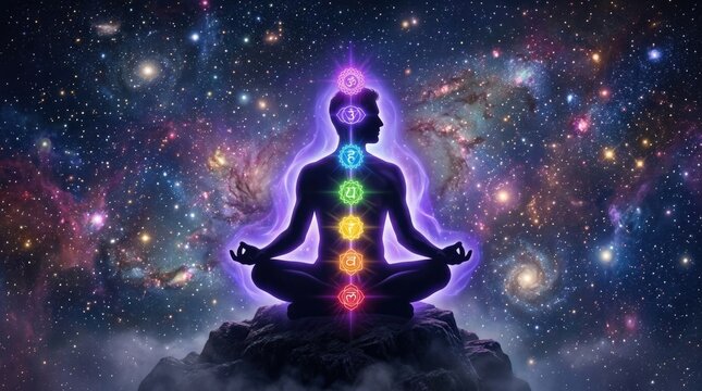 Cosmic Meditation with Seven Glowing Chakras and Colorful Nebula Background Spiritual Wellness