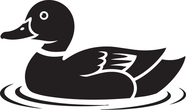 Black silhouette icon of duck swimming in water isolated on white background modern web logo design.
