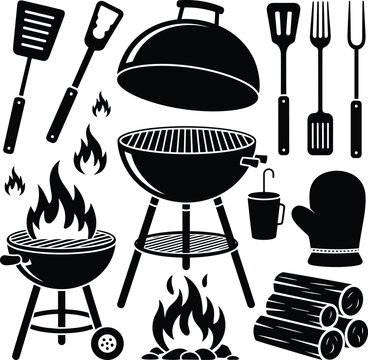 Collection of various barbecue equipment tools and fire elements for grilling outdoors