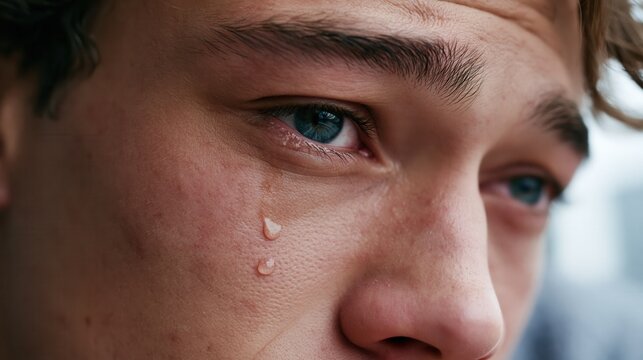 Close up portrait of a young man with a teardrop falling down his face.