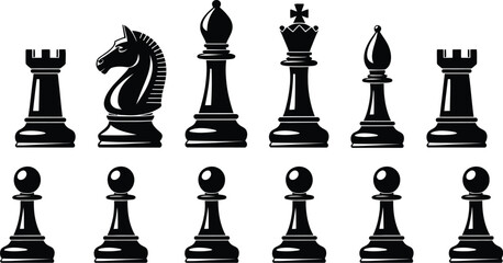 Chess piece, icon set, classic chess figures including king rook bishop knight and pawns for strategy game concepts © Clinton Black
