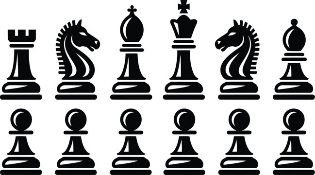 Chess piece icon set, king rook knight bishop and pawn symbols for board games strategy competition and tactical thinking
