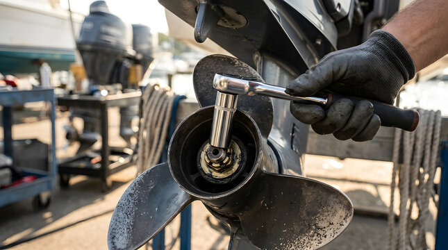 Boat outboard motor propeller maintenance | Mechanic repairing marine engine propeller | Changing a boat propeller with a socket wrench | Professional boat repair services at shipyard