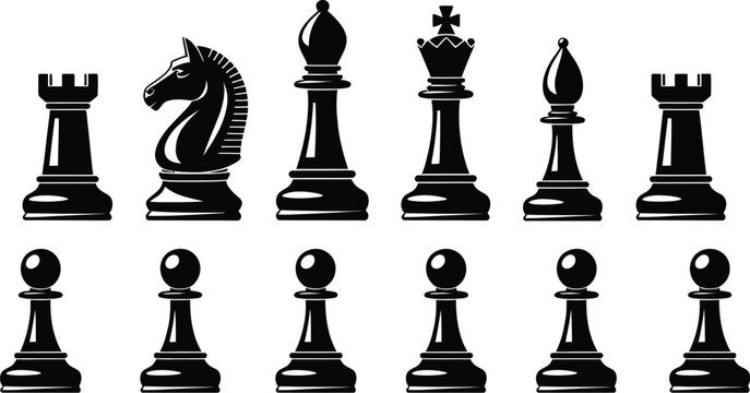 Chess piece, icon set, classic chess figures including king rook bishop knight and pawns for strategy game concepts