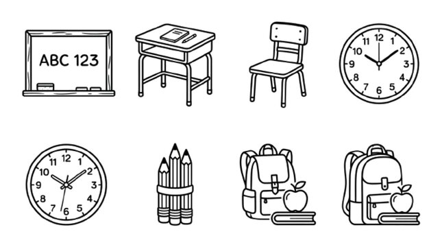classroom essentials icon set, chalkboard, school desk, chair, clock, bell, vector line art, white background

