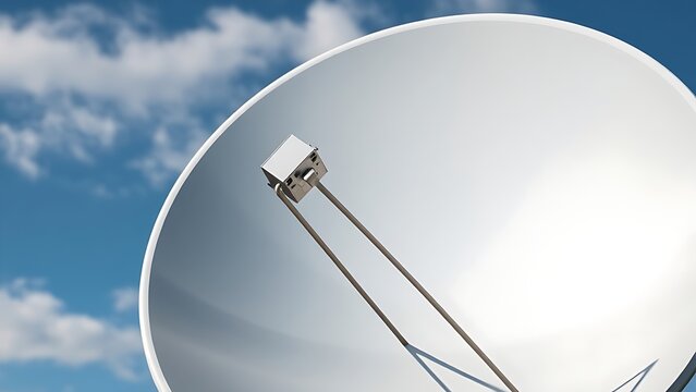 parabolic. A polished silver satellite dish reflecting clouds in a blue sky. product launch decks, UI/UX mockups, designed for data visualization dashboards and holographic UIs.