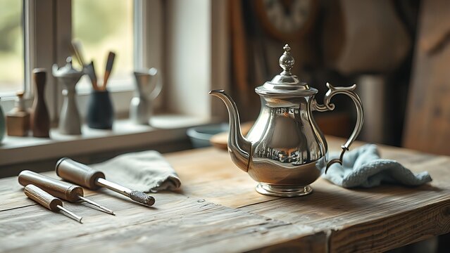 silversmith. Silversmith's wooden workbench with tools and a gleaming silver teapot in progress, soft window light. safety posters.