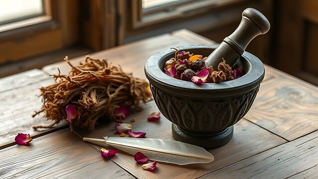 mandrake. Stone mortar with mandrake roots and petals on a wooden table. event programs, museum guides, designed for cultural heritage projects and event programs, elevates cultural identity.