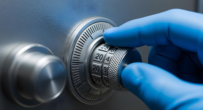 hand in blue glove opening metal safe dial | professional locksmith unlocking armored vault | high security combination lock being turned | burglar in latex gloves cracking a safe