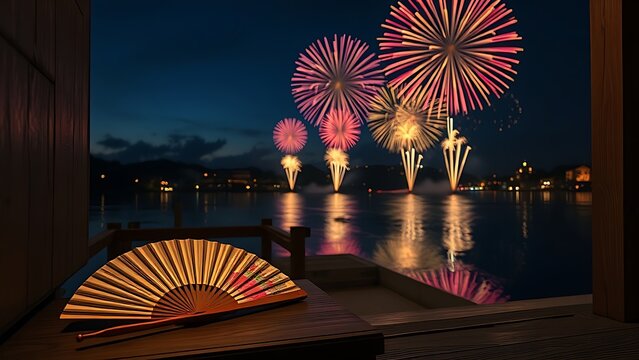 yukata. Folded fan and yukata sleeve on doorstep with fireworks over Sumida River, Tokyo summer celebration. event programs, museum guides, designed for cultural heritage projects and event programs.