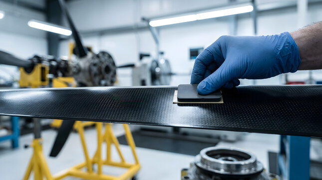 Aircraft propeller maintenance and repair| Carbon fiber composite component inspection |Precision weight balancing in aerospace| Gloved hand industrial manufacturing process