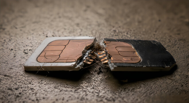Broken sim card on a textured surface, representing damaged mobile connectivity, loss of service, or security breach of personal data and identity