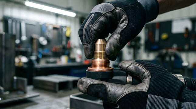 industrial welding torch maintenance | replacing plasma cutter nozzle with gloved hands | professional welder metal fabrication workshop | brass welding tip replacement close up