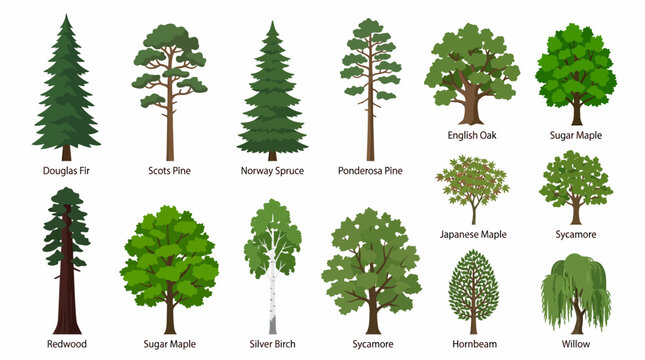 A collection of various tree species illustrations, including conifers and deciduous trees, with their names labeled.