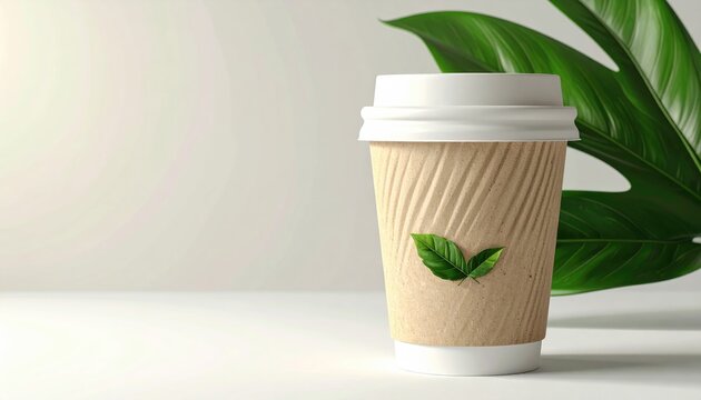 Recycled paper cup with leaves on white surface, soft light, green plant