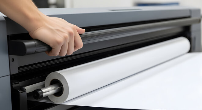 Loading paper roll into large format printer | Professional plotter maintenance and operation | Wide format printing services and equipment | Architectural drawing printing process