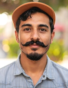 A close-up portrait of a young man with a distinctive mustache and goatee, wearing a casual orange cap and a light blue collared shirt