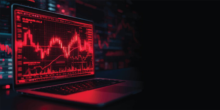 A digital technology concept illustration of a blue laptop screen with a binary code loop and abstract network wave lines
