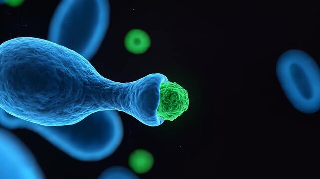 Vibrant 3D Animation of Cells Engulfing Particles in Slow Motion, Representing Cellular Processes and Immune Response