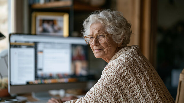 Elderly remote worker with reading glasses navigating a crowded all-hands virtual meeting interface, multiple open windows, magnified text settings visible in browser, slight