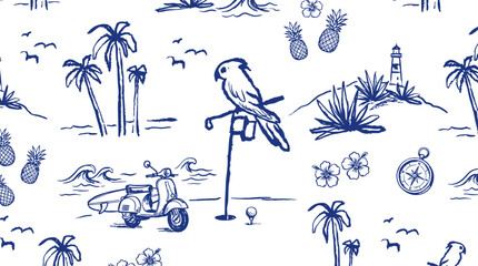 Tropical paradise seamless pattern with a parrot, scooter, palm trees, and waves, perfect for summer and travel designs © Pronob Kumar Ray