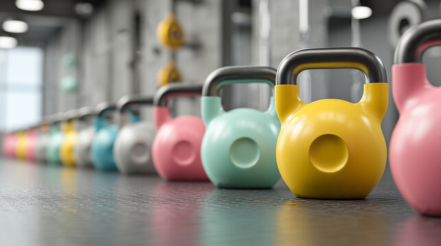 Colorful kettlebells arranged in a modern gym for fitness training