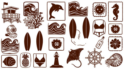 Collection of Summer-themed vector illustrations featuring beach and ocean elements like surfboards, lighthouses, and marine life © Pronob Kumar Ray