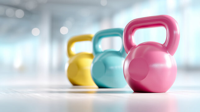 Colorful kettlebells arranged in a modern gym for fitness training